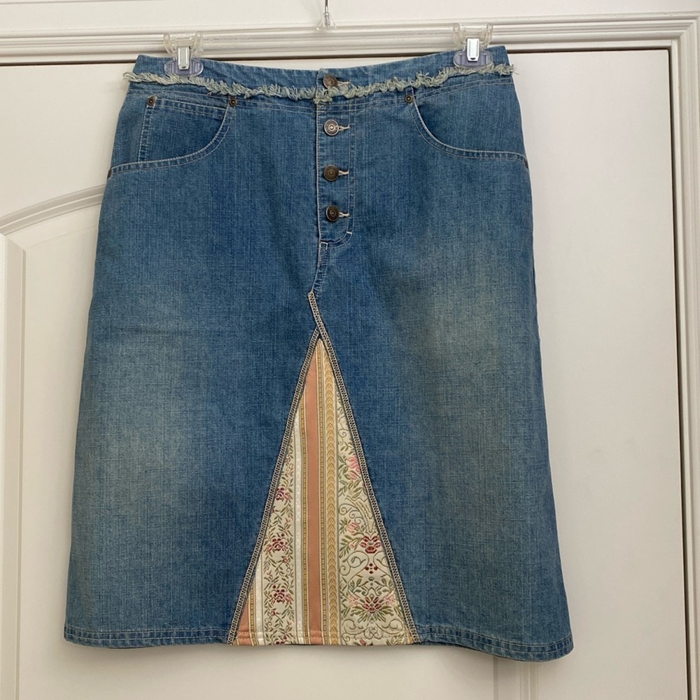 Denim jean Midi skirt Womens 10 Boho patchwork Button Fly Coastal Cowgirl Y2K